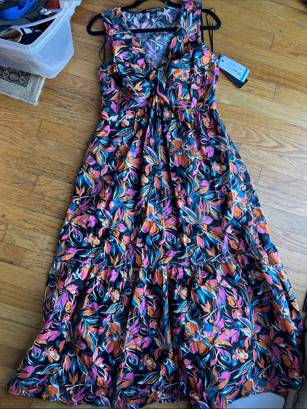 French Connection Floral Tie-Front Maxi Dress in Black, Orange & Pink